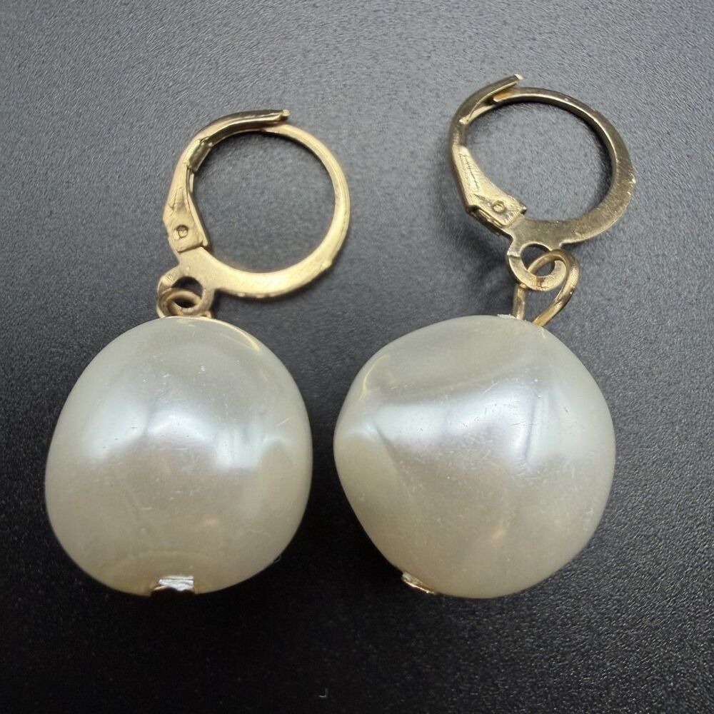 Vintage Gold Leverback Faux Baroque Pearl Drop Dangle Earrings Statement Huge